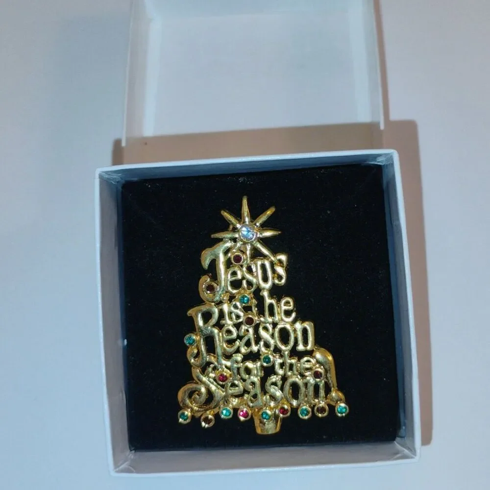 Vintage Christmas Tree Brooch “Jesus Is the Reason for the Season” +  NOS